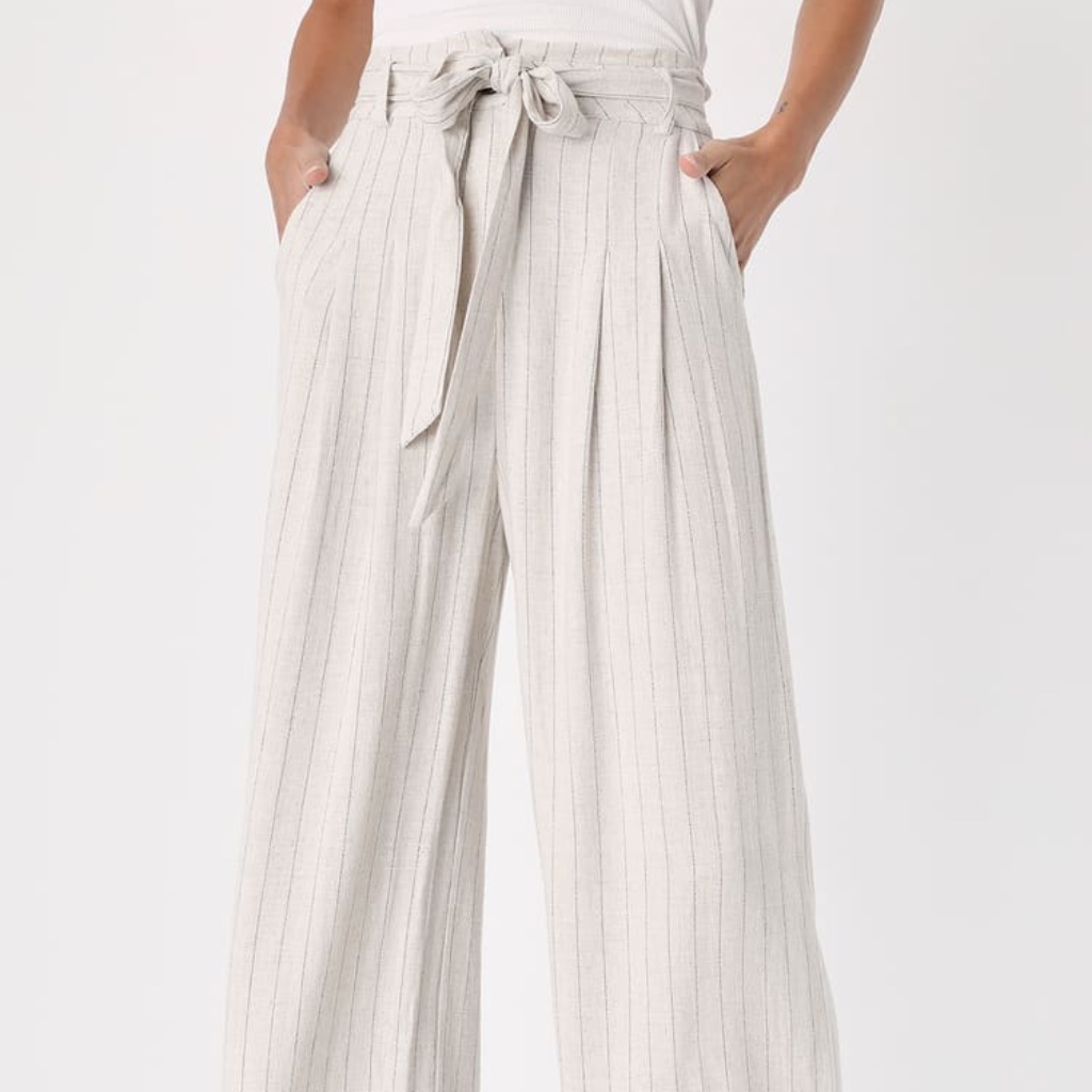 Nwt Beige Striped Belted High-Waisted Wide-Leg Pants
